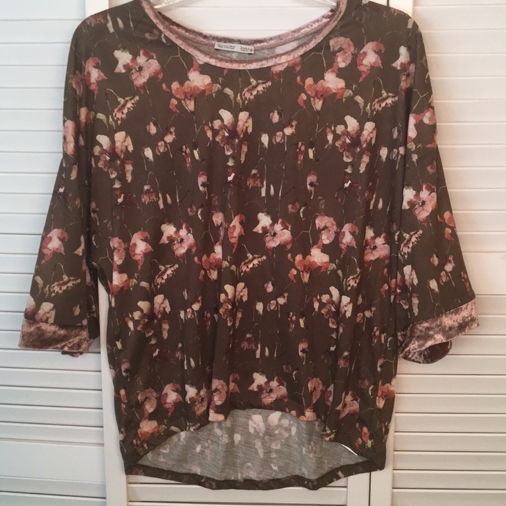 ZARA Floral Cropped Top w Velvet Trim Sleeve SZ S